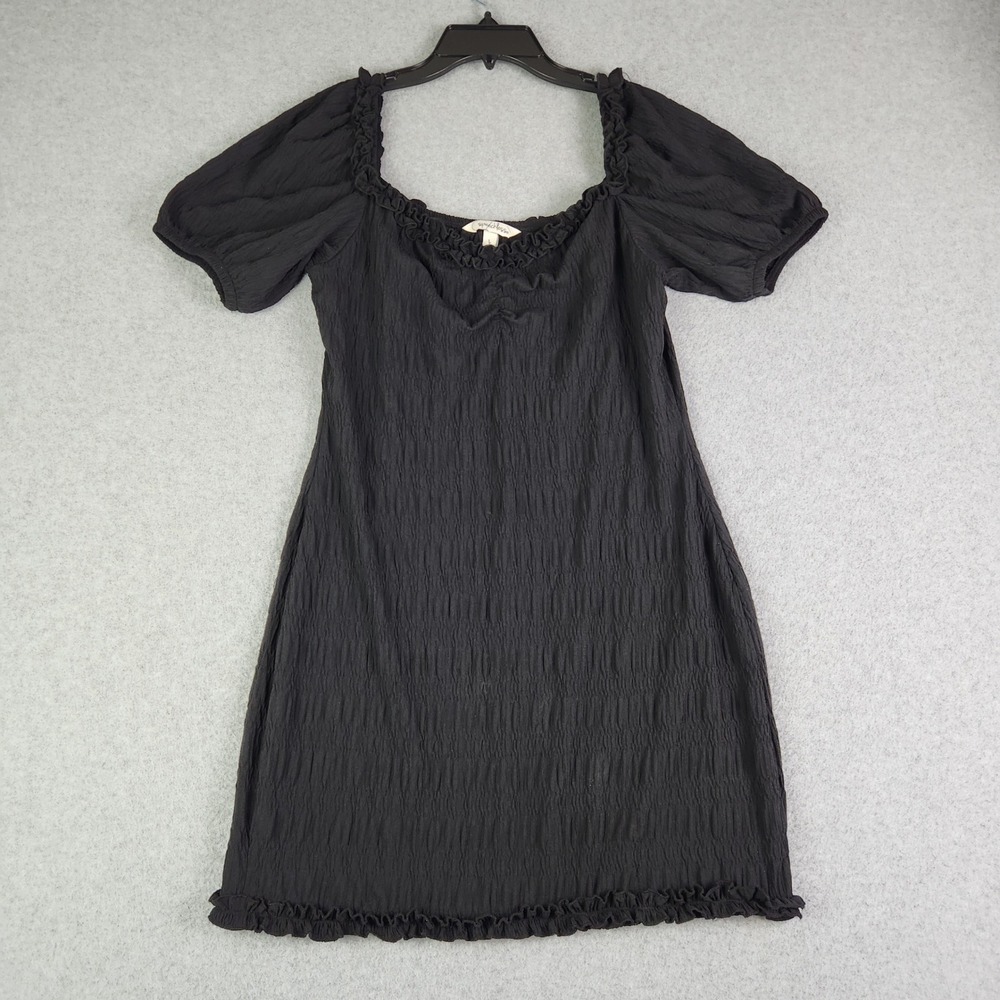 Speechless Shift Dress Womens Large Black Ruffle Puff Sleeve Crinkle Square Neck
